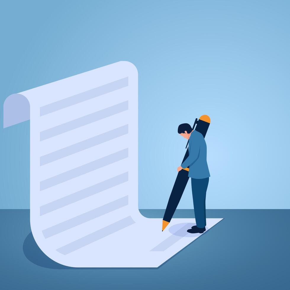 A man signs a letter with a big pen, illustration for terms and conditions. vector