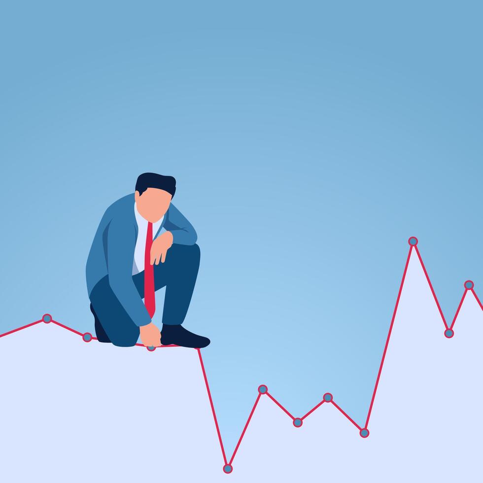 A man squats analyzing a stock chart that goes up and down, an illustration of volatility. vector