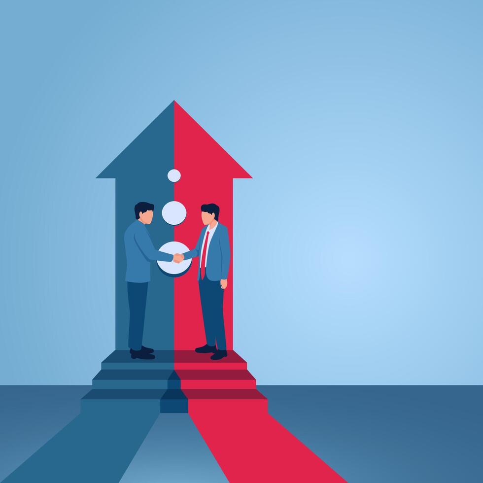Two men shaking hands in front of two converging arrows, illustration for acquisition. vector