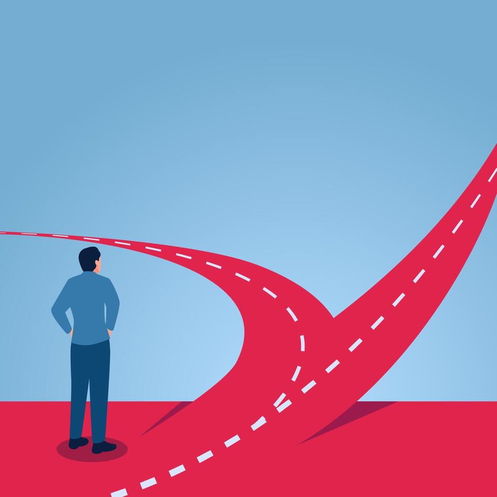 A man is at a crossroads hesitating to choose, illustration for uncertainty. vector