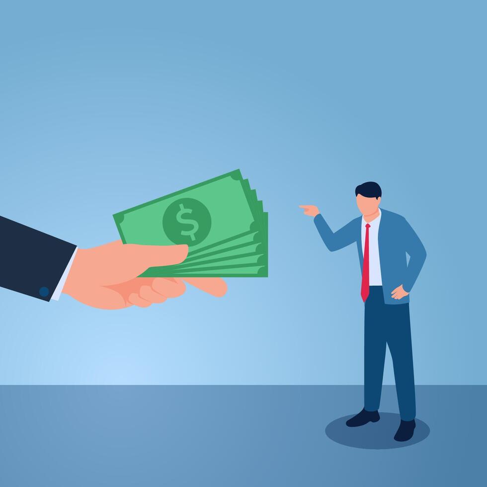 Angry man refuses money given by big hand of his boss, illustration for refusing bribe. vector