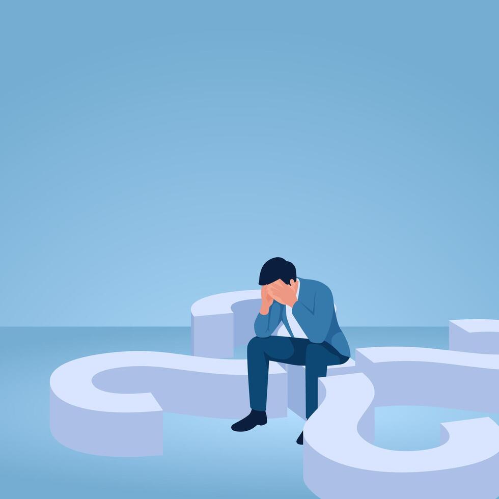 A man holding his head sits on a question mark, illustration for uncertainty. vector
