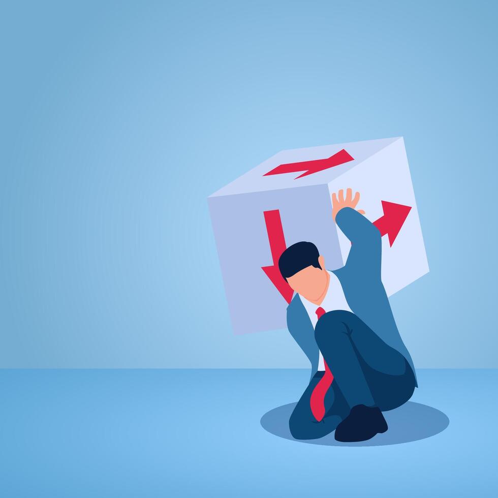 A man holds up dice containing arrows in various directions, an illustration of uncertainty. vector
