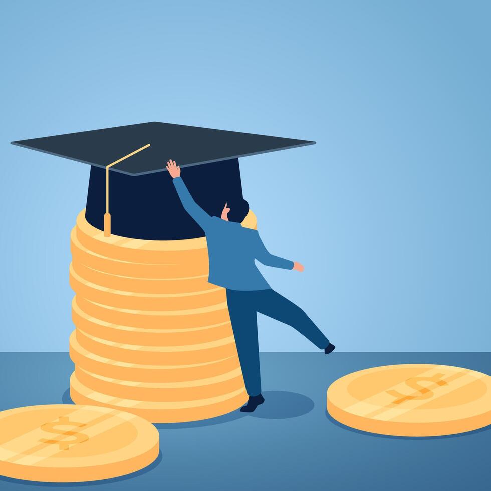 A man reaches for a graduation cap on a pile of coins, illustration for educational investment. vector
