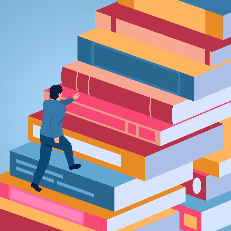 A man climbs a ladder made of stacks of books, illustration for educational investment. vector
