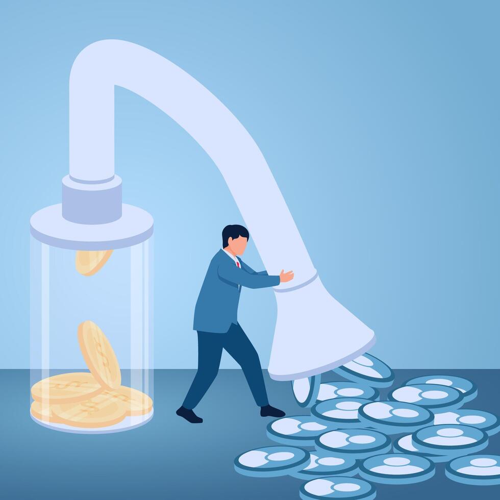 A man sucks user icons and turns them into coins in a bottle, illustration for conversion optimization rate. vector