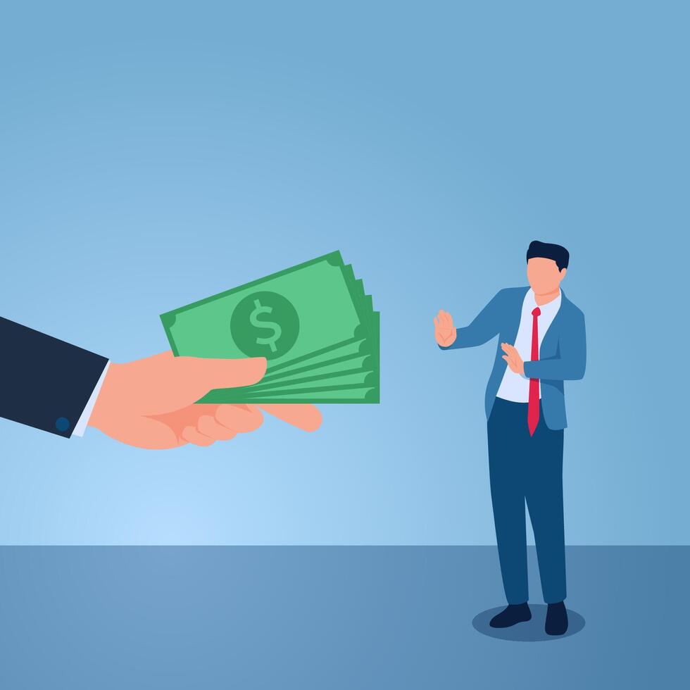 The man avoids refusing the money given by the big hand of his boss, illustration of refusing a bribe. vector