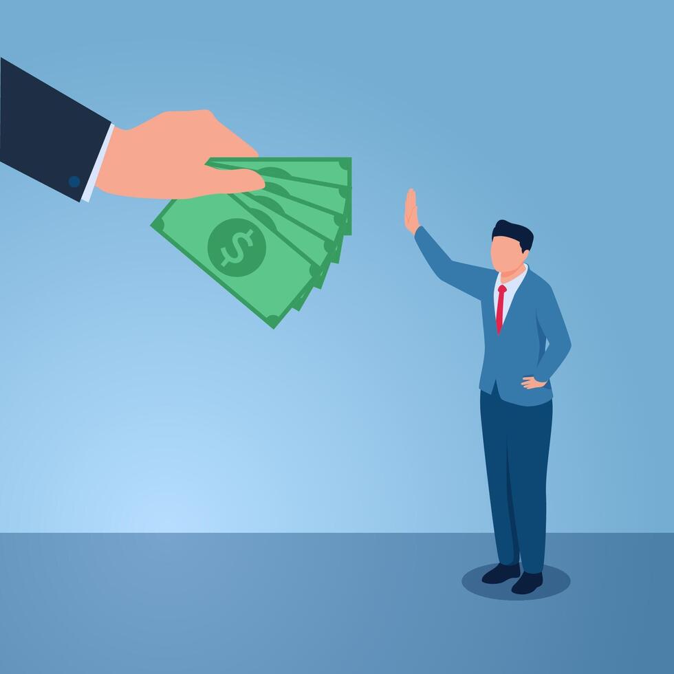 Man raises hand refusing money given by big hand of his boss, illustration of refusing bribe. vector