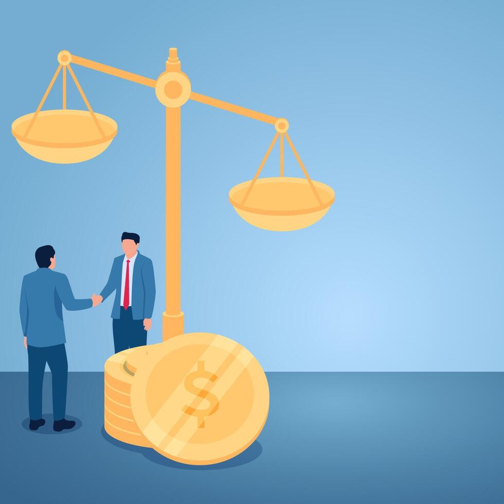 Two men shaking hands in front of legal scales and pile of coins, illustration for legal bribery. vector