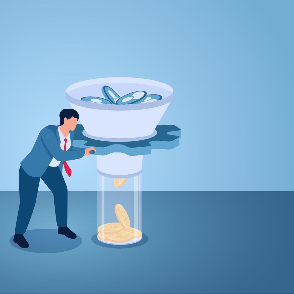 A man rotates the tunnel so that the user icon becomes a coin, an illustration for conversion optimization rates. vector