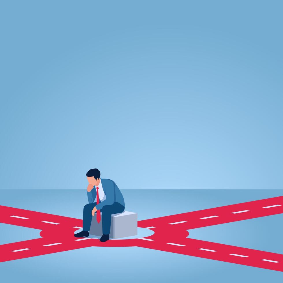 A man sits in the middle of a crossroads and thinks, illustration for uncertainty. vector
