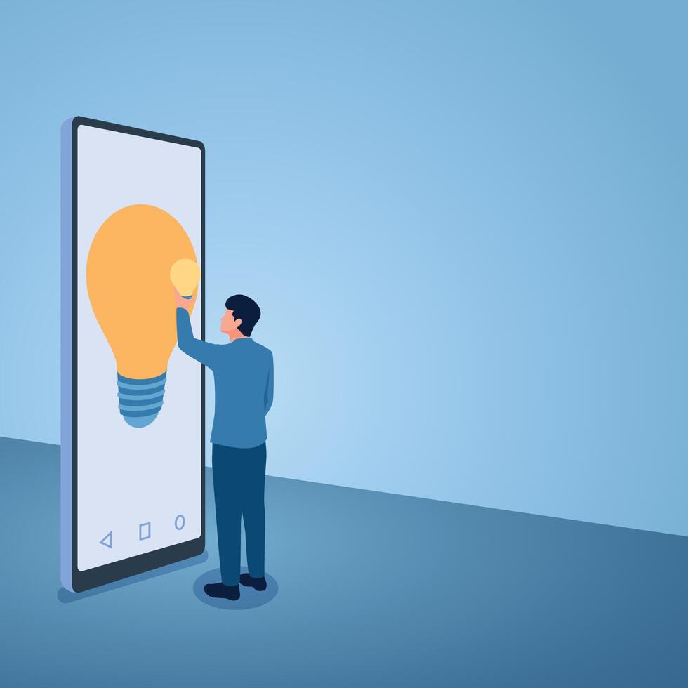 A man clicks on the smartphone screen idea light, illustration for inspiration. vector