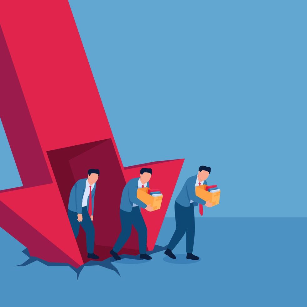 Men emerge from a falling arrow carrying cardboard boxes due to layoffs, illustration for mass layoffs. vector
