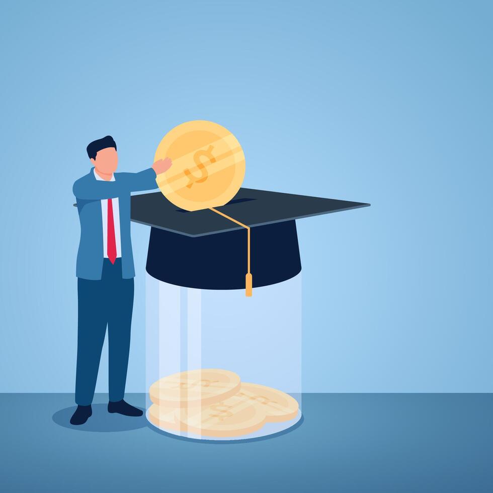 A man puts coins into a graduation cap piggy bank, illustration for educational investment. vector