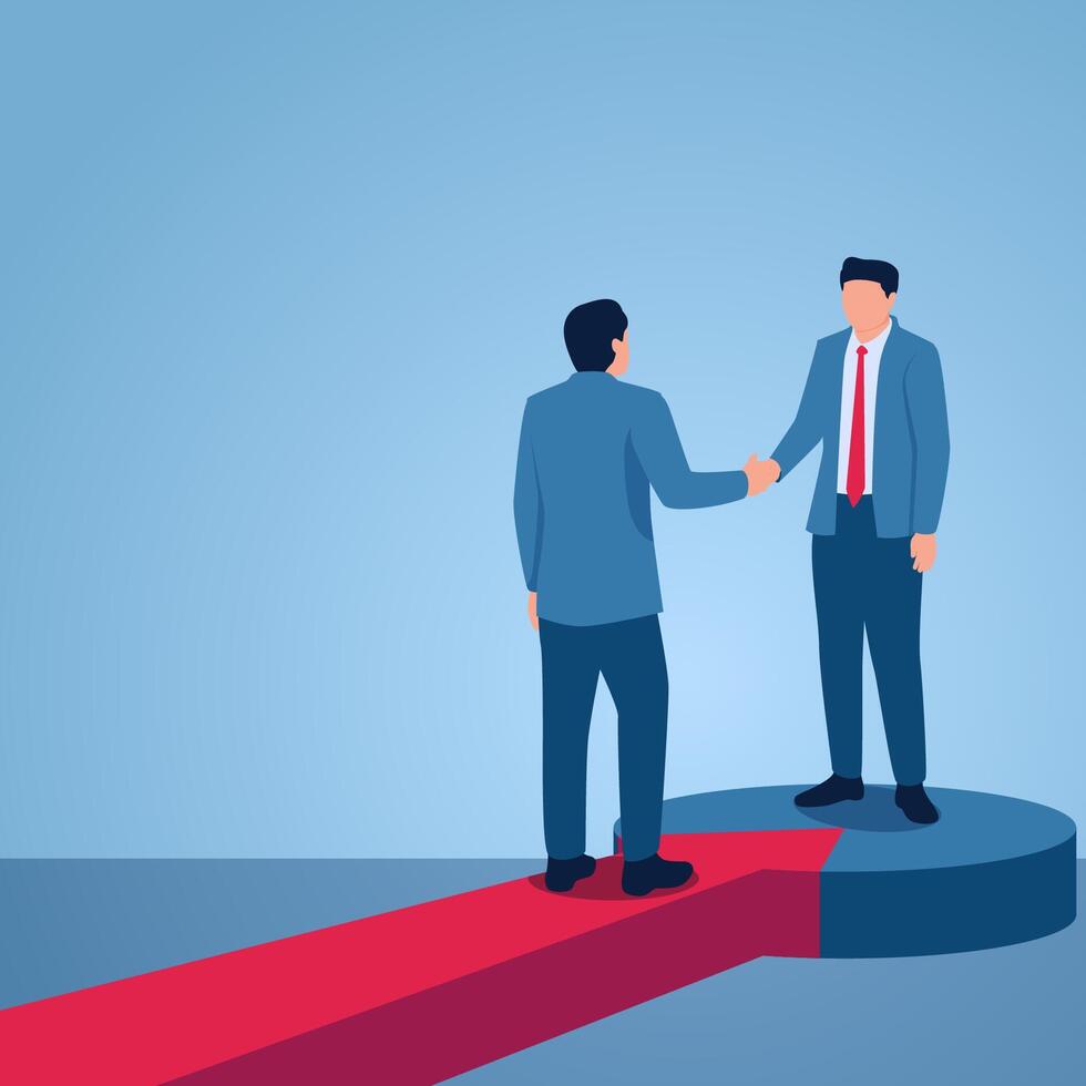 Two men shaking hands over an arrow going into a circle, illustration for acquisition. vector