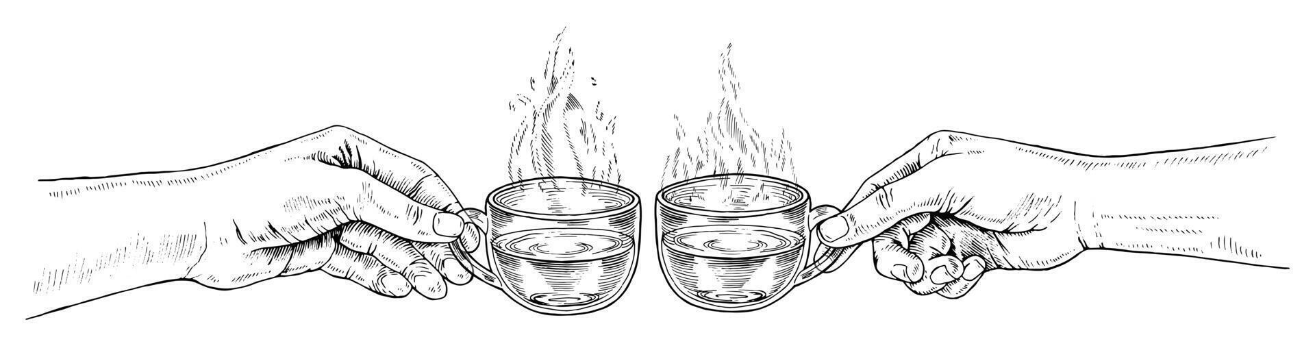 People clinking cups with hot tea. hand drawn illustration. Two hands holding mugs with drink sketch drawing. Black line art. Clipart with white backgrounds. Can be edited. For cards, borders vector
