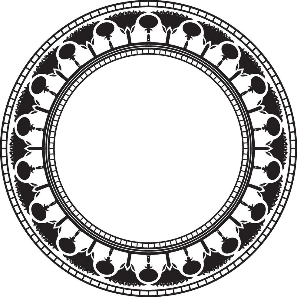 monochrome round Egyptian border. Circle ornament of ancient Africa. Pattern of lotus flowers and sun. vector
