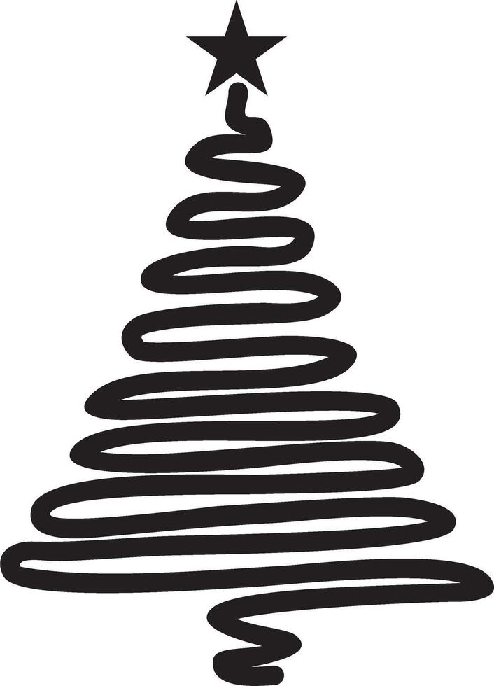 monochrome drawn Christmas tree. New Year's line drawing. Black drawing of a plant with a star on top. vector