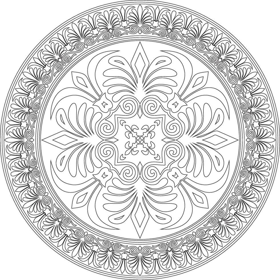 black monochrome classic Greek round outline ornament. Circle of Ancient Greece and the Roman Empire. Byzantine painting of walls, floors and ceilings. Template for stained glass. vector