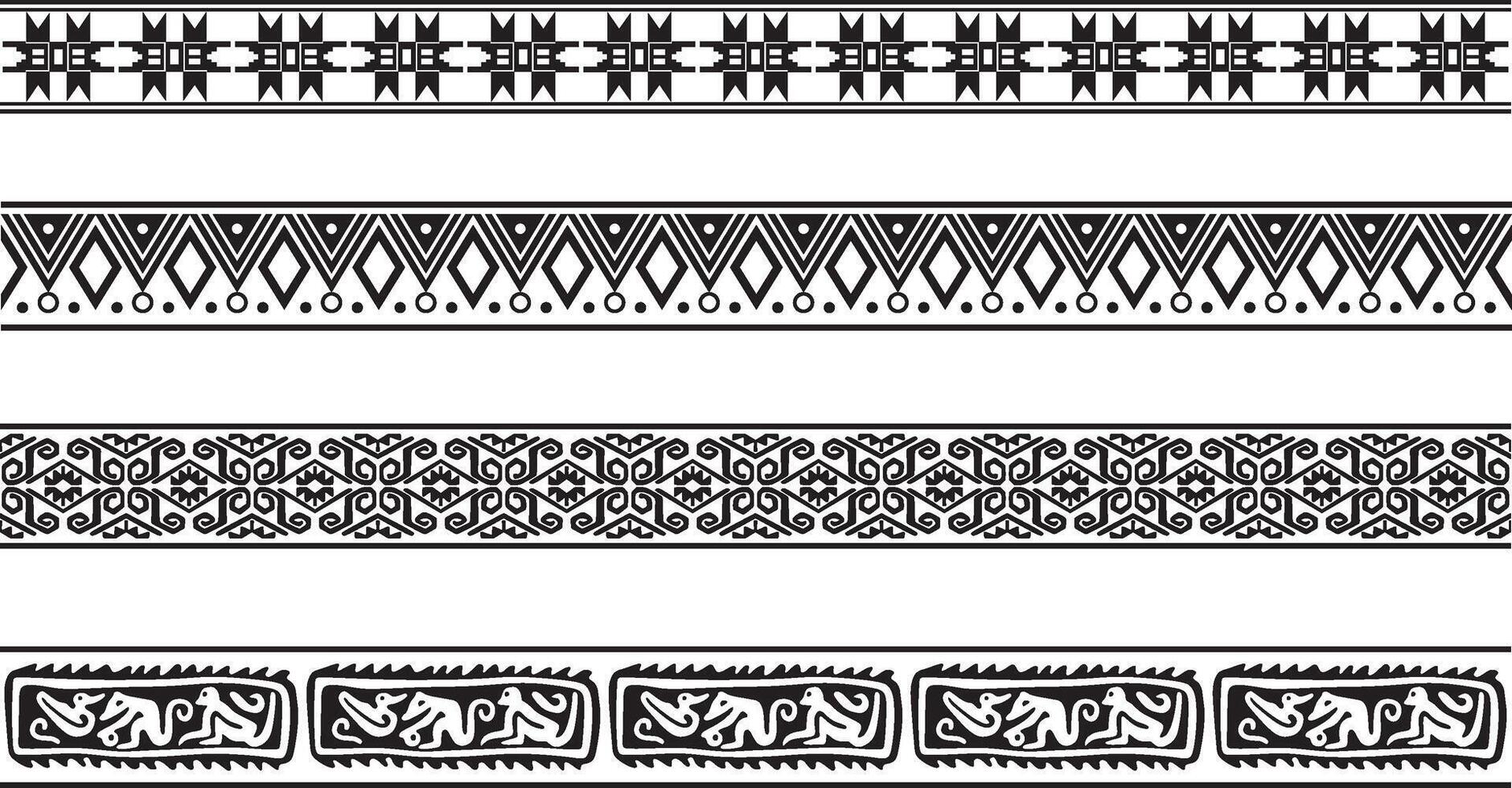 set of seamless monochrome national native american ornaments. Endless ethnic black borders, frames of the peoples of America, Aztec, Maya, Incas. For sandblasting, plotter and laser cutting. vector