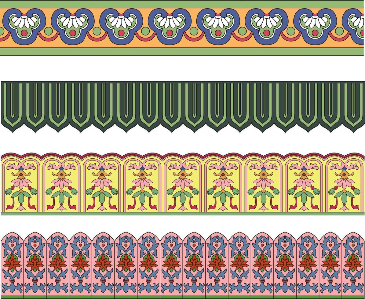 set of seamless Chinese colored border ornaments. East asia peoples framework vector