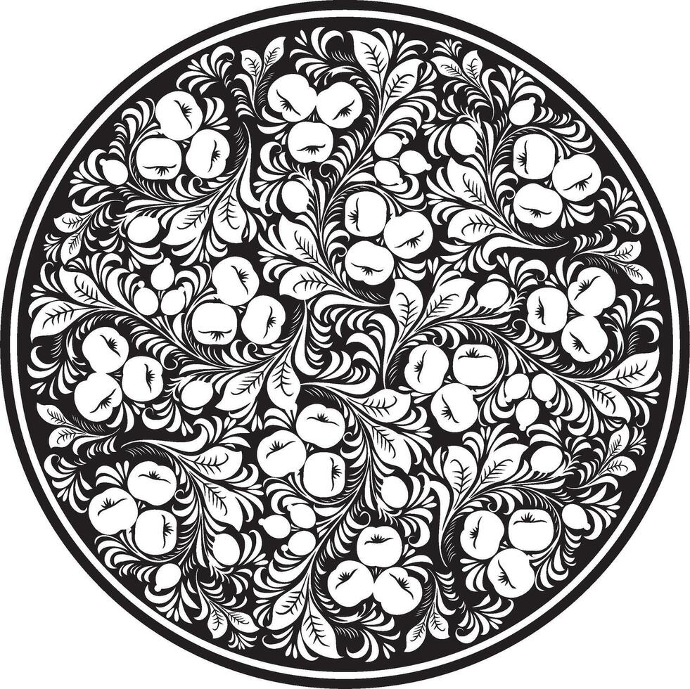 monochrome round Russian national ornament Khokhloma. Plate, tray with ethnic traditional floral and berry design. Circle for sandblasting, plotter and laser cutting. vector