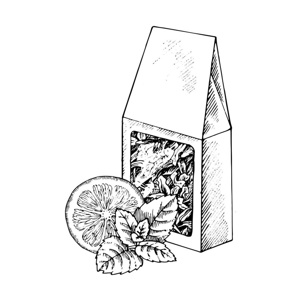 Loose leaf Tea packaging with additives. hand drawn illustration. Bag of dried leaves sketch drawing. Black line art. Clipart with white background. Can be edited. For stickers, kitchen prints vector