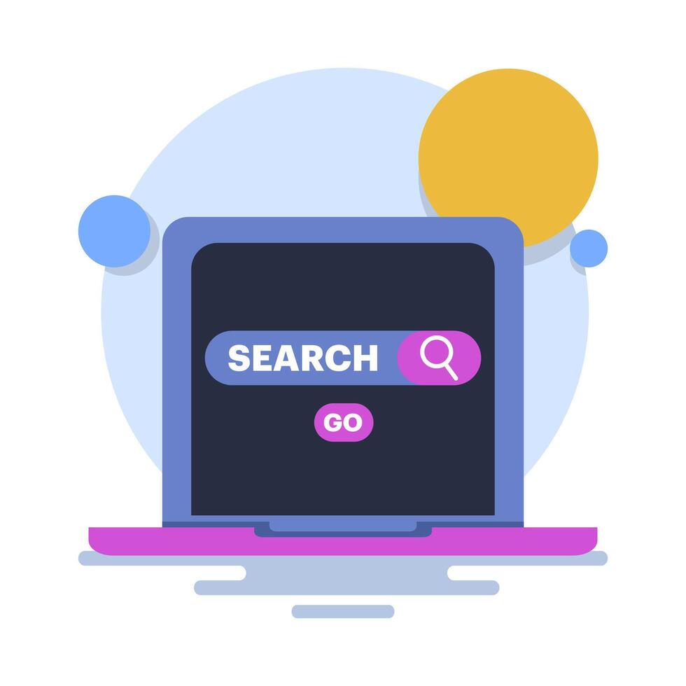 Internet browsing concept with Laptop with search engine icon concept. online web browser, search engine bar, seo optimization, search screen page, flat illustration on background. vector