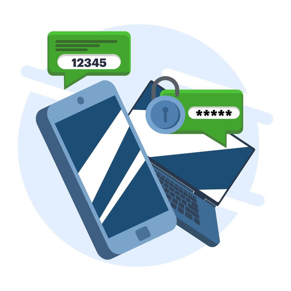 Two-step authentication concept. two-step authentication verification via computer and mobile phone. Verify the code message on the smartphone. Notification with code for secure login or login. vector