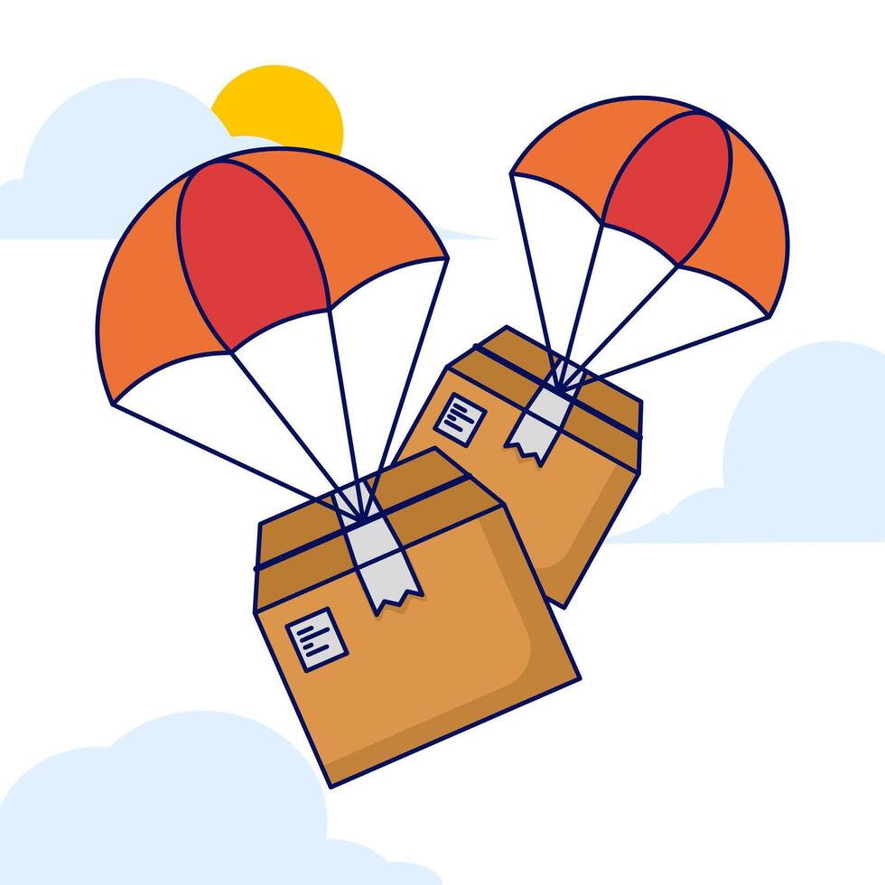 Fast air logistics delivery service concept. Packages fly down from the sky with parachutes. fast delivery to recipient. Delivery Package with Parachute Premium Icon Illustration. vector