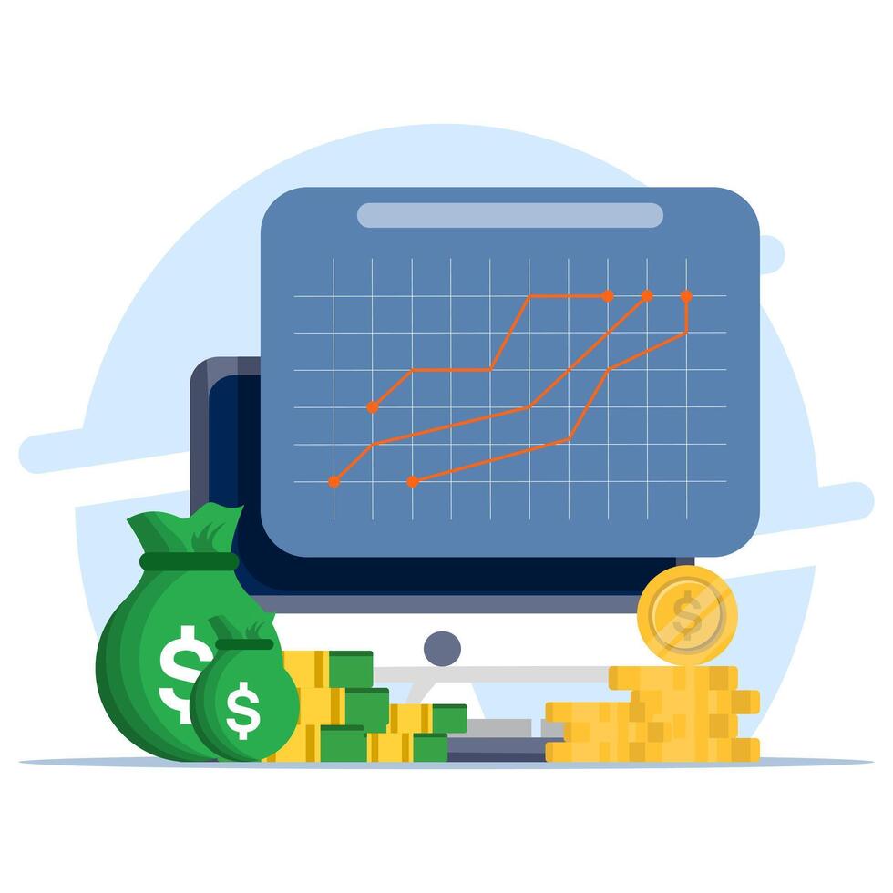 Business graph Finance concept, Money on device screen with graph on isolated background, money coin growth business for finance, investment, graphs and charts. digital marketing. vector