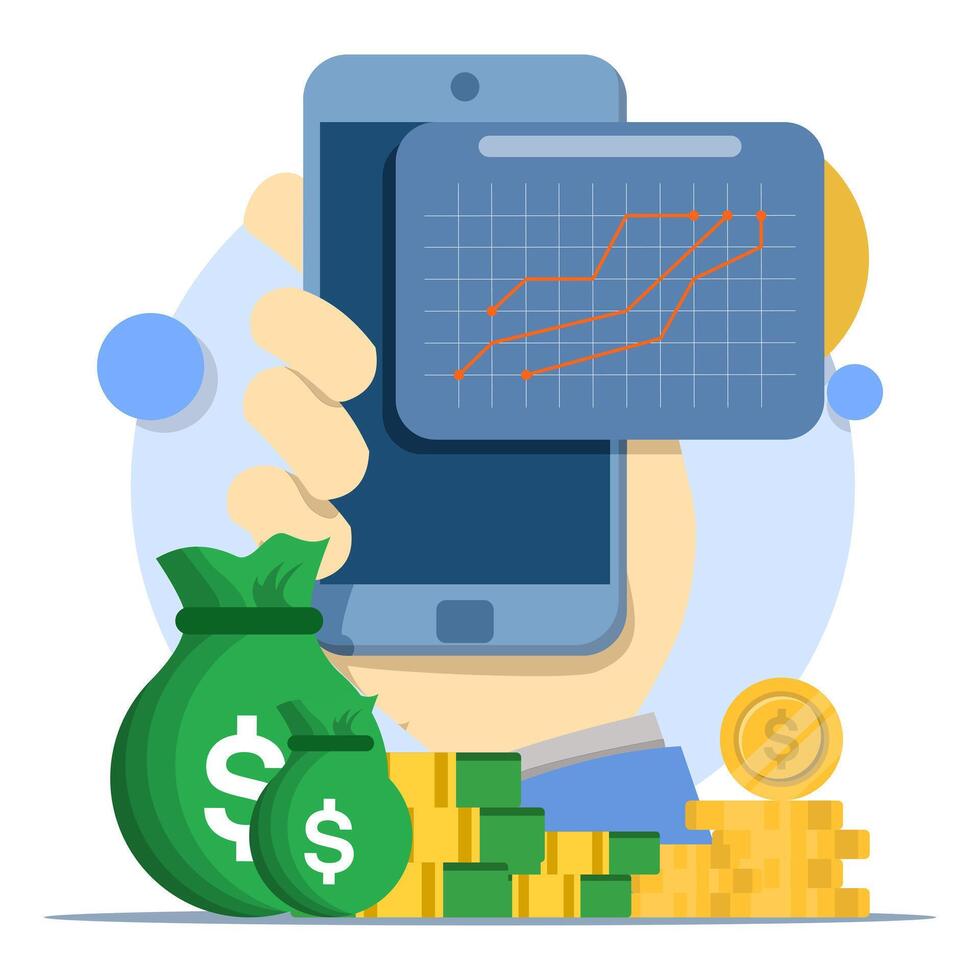 Business graph Finance concept, Money on device screen with graph on isolated background, money coin growth business for finance, investment, graphs and charts. digital marketing. vector