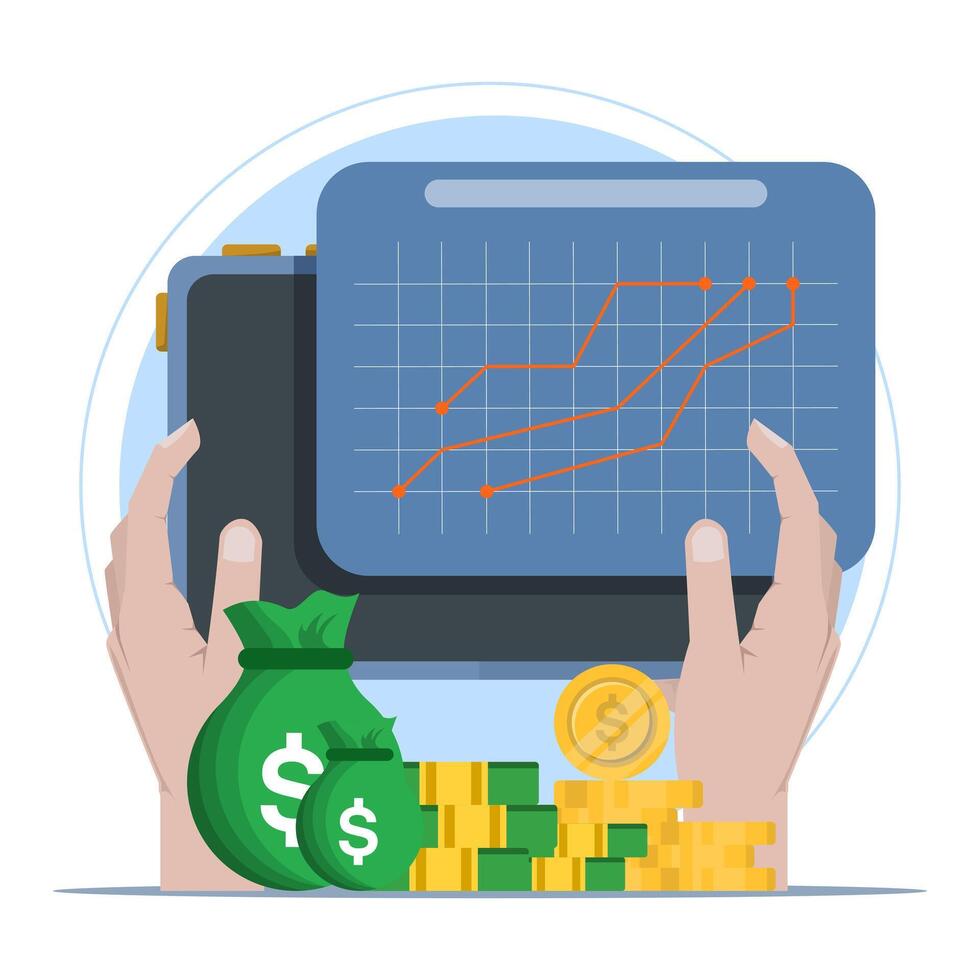 Business graph Finance concept, Money on device screen with graph on isolated background, money coin growth business for finance, investment, graphs and charts. digital marketing. vector