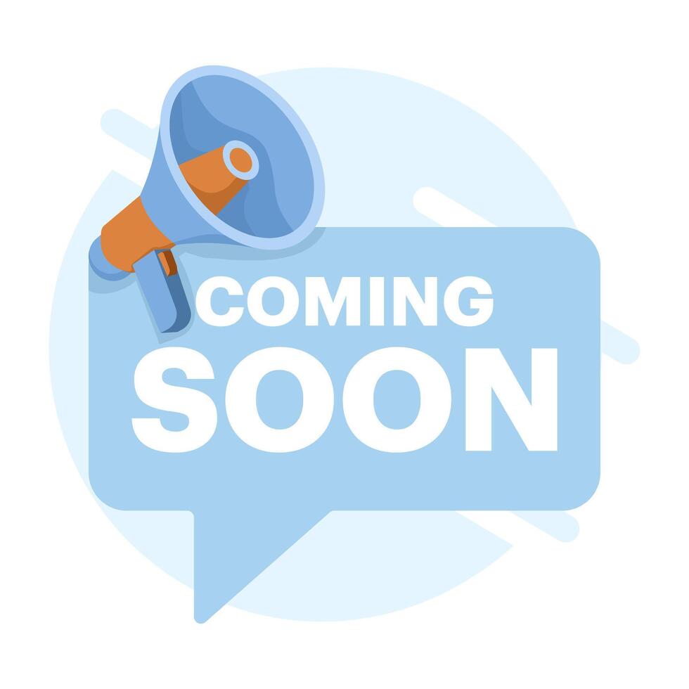 Concept Coming soon mark. Coming soon chat greeting messages. Flat speech bubble banner with bell. Promotional banner sign. New product release symbol. Offer a talk box. flat illustration. vector