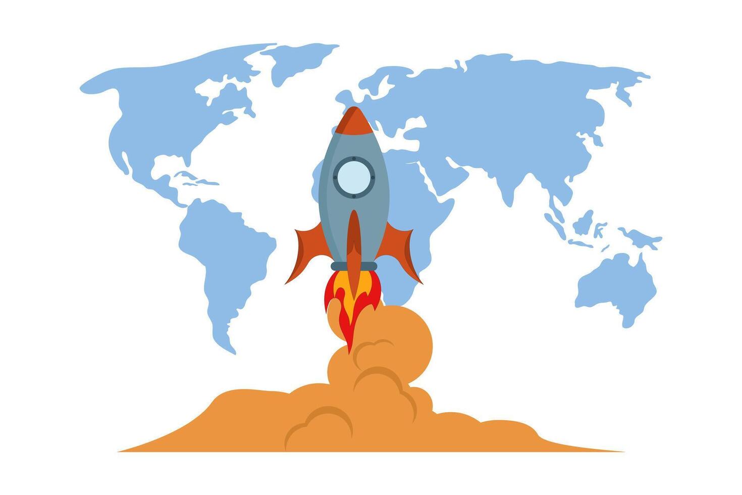 Business startup concept, Flying rocket with global map, computer device on isolated background, launching business project with rocket. giving up a start-up business. digital marketing illustration. vector