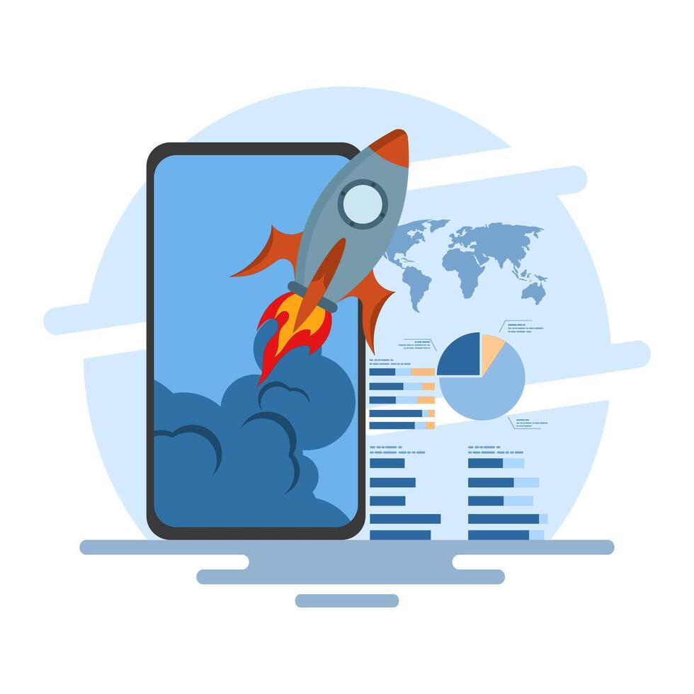 Business startup concept, Flying rocket with global map, computer device on isolated background, launching business project with rocket. giving up a start-up business. digital marketing illustration. vector