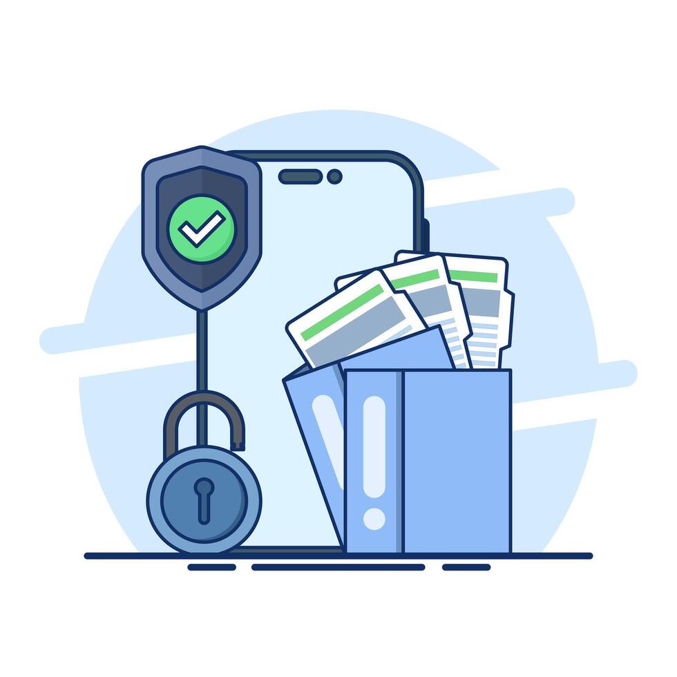 Document security concept on mobile phone. File security is locked. Cyber Security Services to Protect Personal Data. Cloud Shared Documents, Server Security and Data Protection. flat . vector