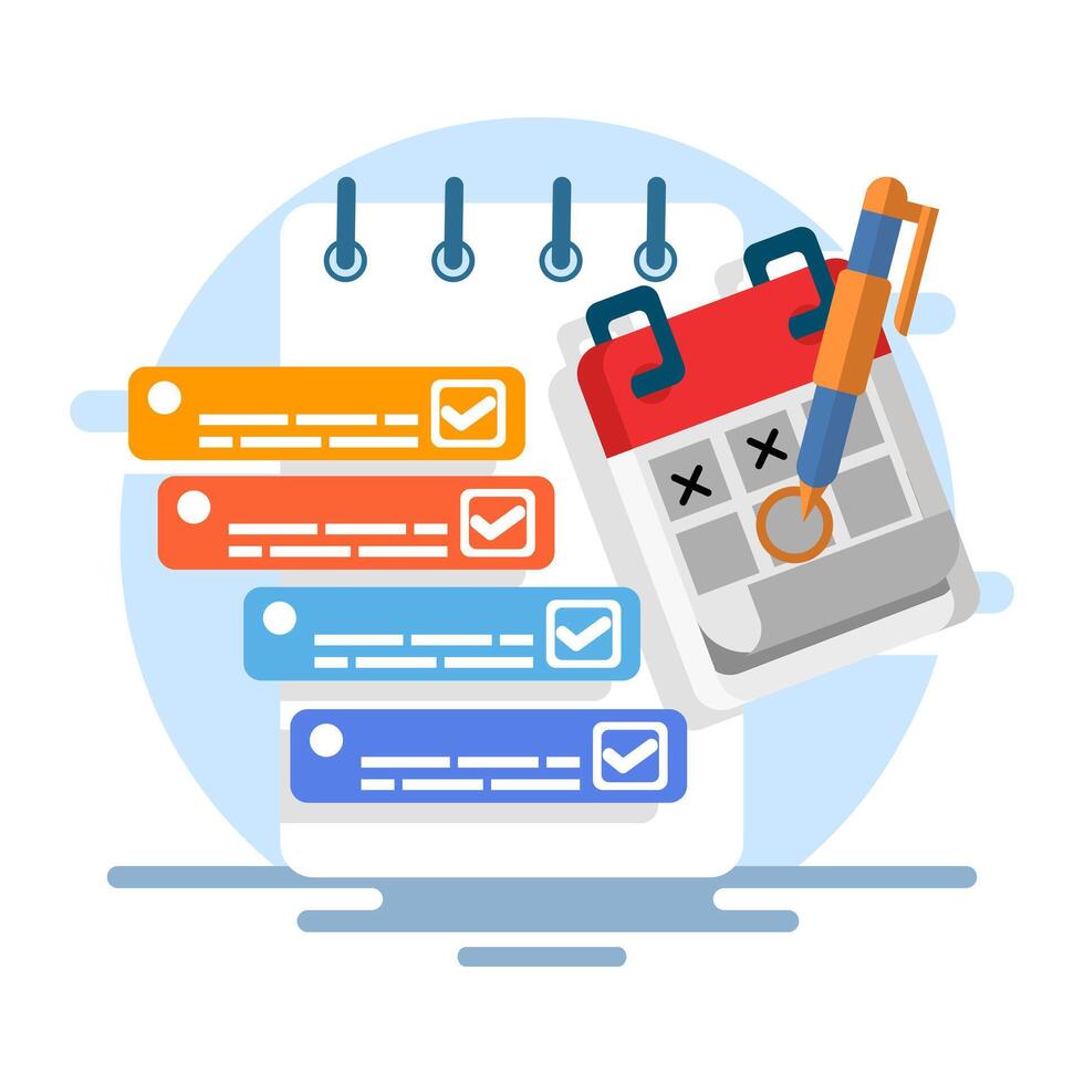 Time management concept with productivity schedule, Calendar, agenda, schedule planning. create a schedule using a calendar. Business and organization concept. background flat illustration. vector
