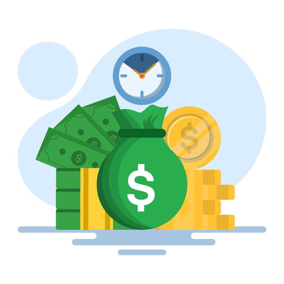 time is money concept, using time as efficiently as possible for productivity and making money, pension fund, clock, long term investment results, flat illustration on background. vector