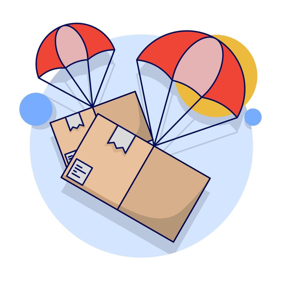 Fast air logistics delivery service concept. Packages fly down from the sky with parachutes. fast delivery to recipient. Delivery Package with Parachute Premium Icon Illustration. vector
