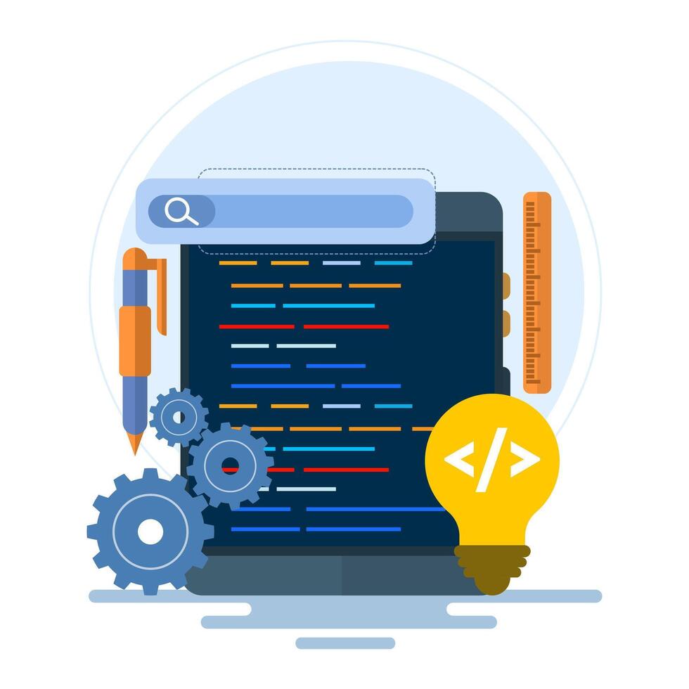 App development concept, mobile UI UX, web design, app design, coding, mobile app. application creation, application testing, UI-UX, and web design. Flat vectors are suitable for many purposes.