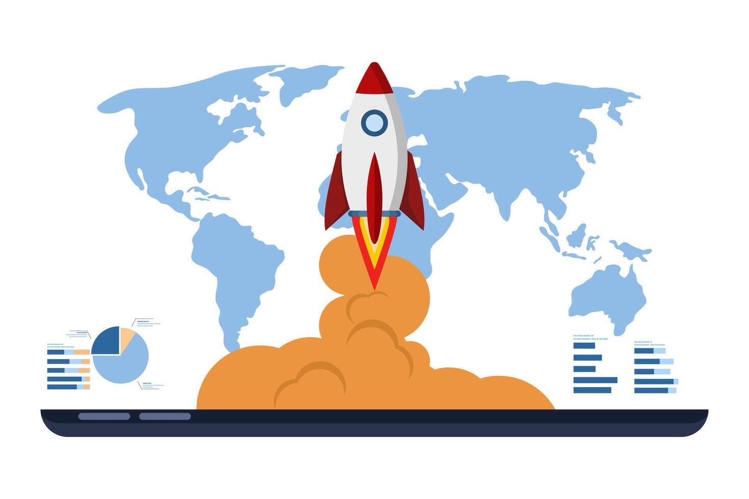 Business startup concept, Flying rocket with global map, computer device on isolated background, launching business project with rocket. giving up a start-up business. digital marketing illustration. vector