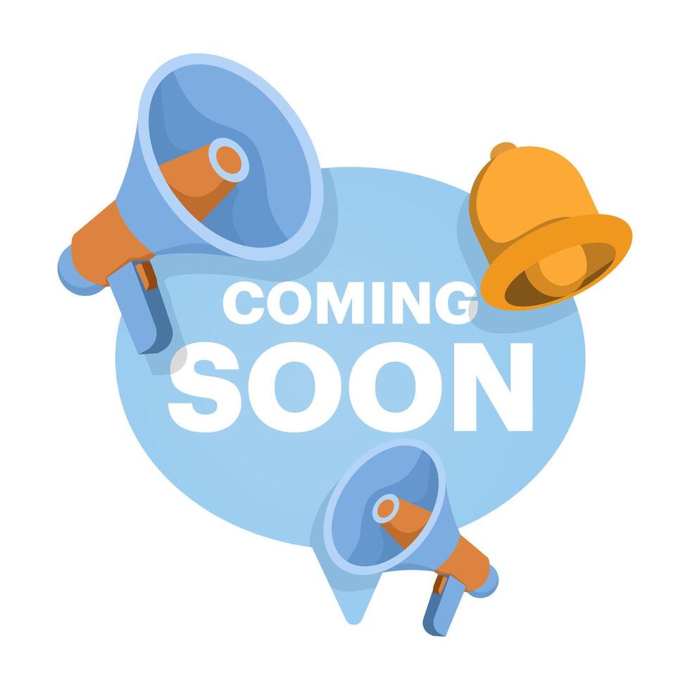 Concept Coming soon mark. Coming soon chat greeting messages. Flat speech bubble banner with bell. Promotional banner sign. New product release symbol. Offer a talk box. flat illustration. vector