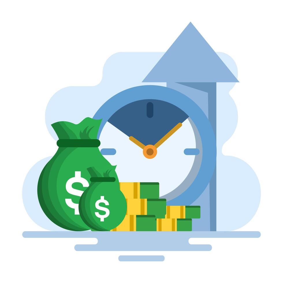 time is money concept, using time as efficiently as possible for productivity and making money, pension fund, clock, long term investment results, flat illustration on background. vector