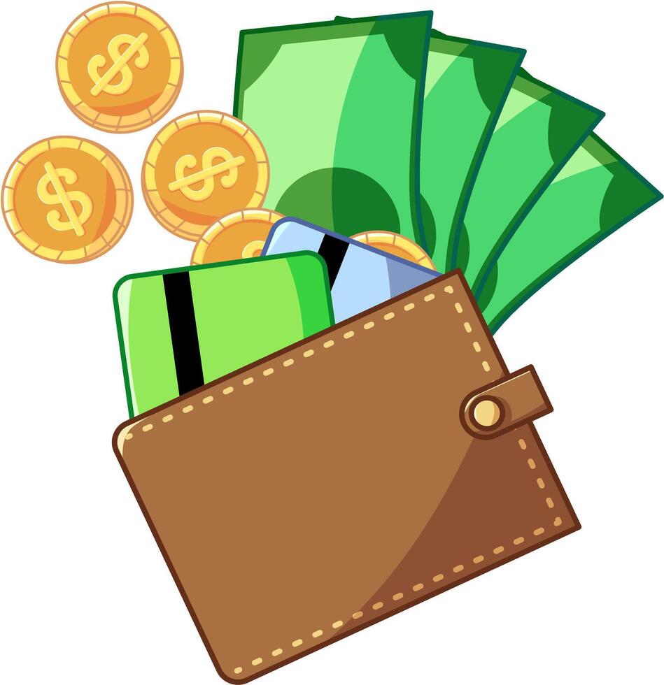 illustration of coins, money and credit cards with dollars in a wallet. Great for icons and visual illustrative assets vector