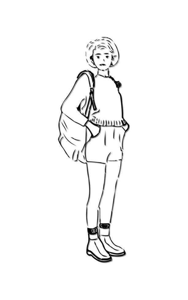 a black and white drawing of a woman with a backpack on her back vector