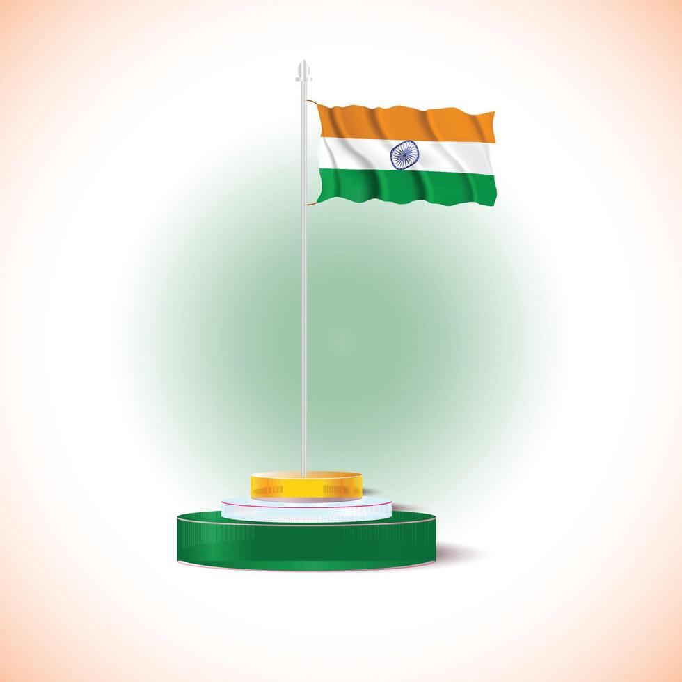 Indian Flag on Pole. Indian National Flag 3d design. vector