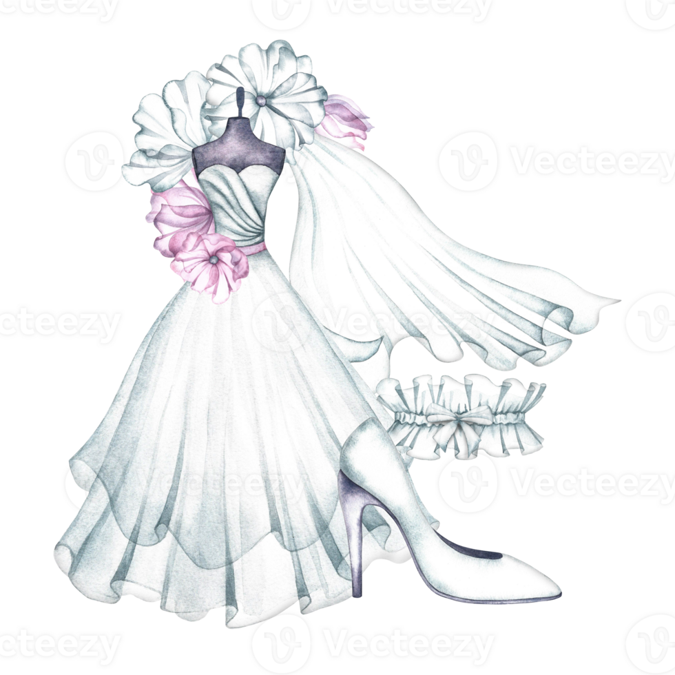 The bride's outfit. A white wedding dress on a mannequin, a veil, a slipper and a garter. The logo of the wedding boutique. A watercolor illustration made by hand. For postcards, banners, flyers. png