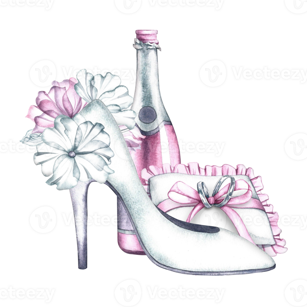 The wedding composition is in delicate white and pink tones. Women's high-heeled shoes, wedding rings on a cushion. A bottle of pink champagne. A watercolor illustration made by hand. Isolated. png