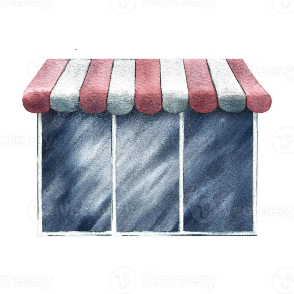 The facade of a cafe or shop with a large transparent window and a canopy. An empty glass showcase of a boutique. A watercolor illustration made by hand. Highlight it. A design element for home. png